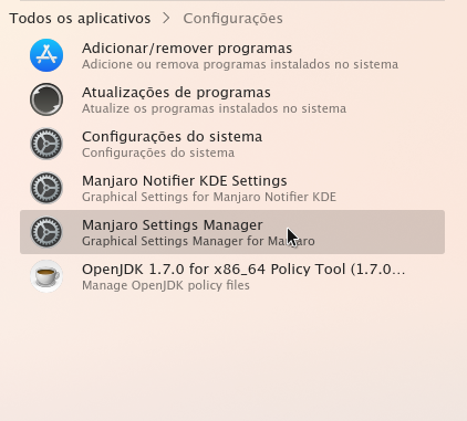 Manjaro Settings Manager no menu de aplicativos.